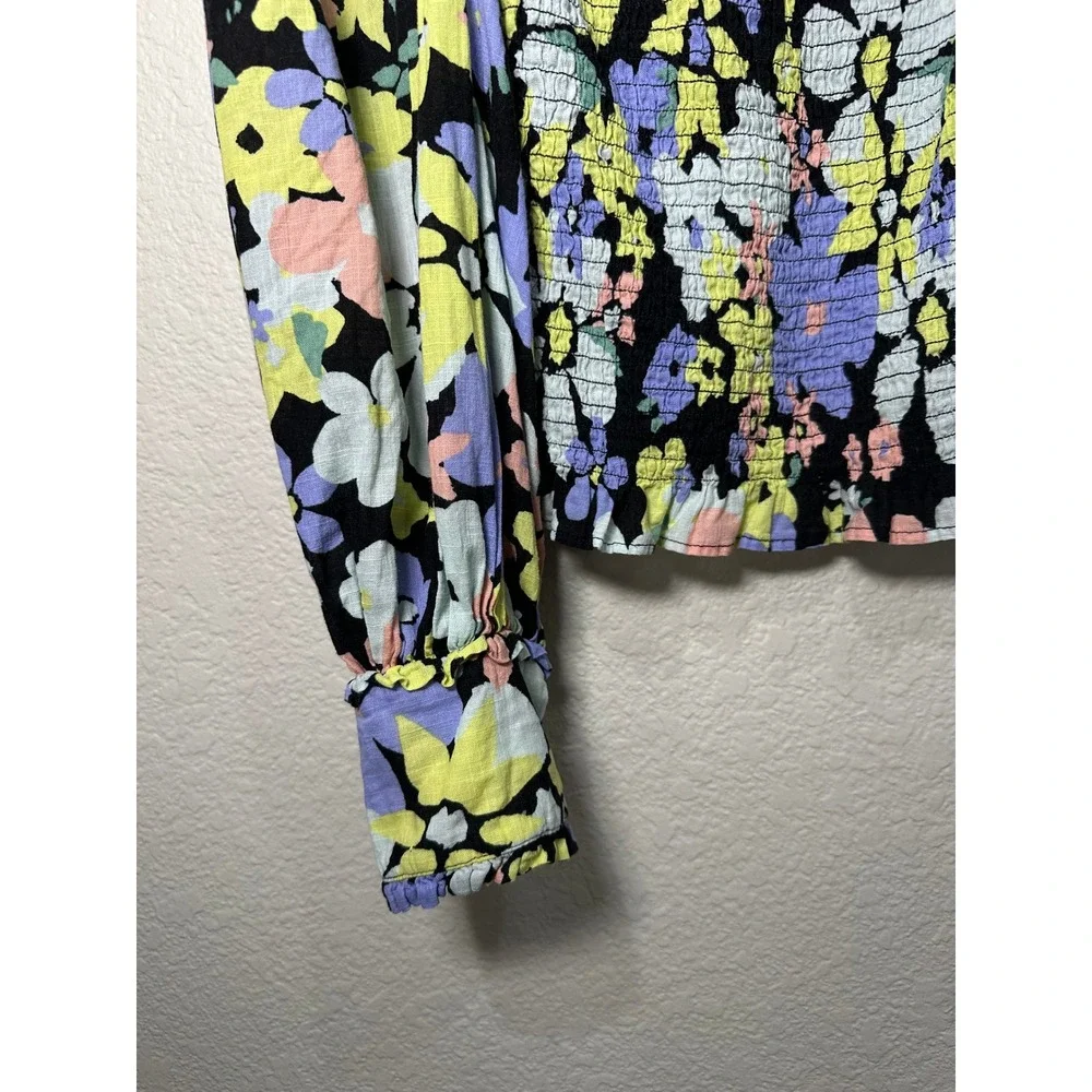 Free People Smocked Floral Crop Top Square Neck Puff Sleeve Multicolor XS
